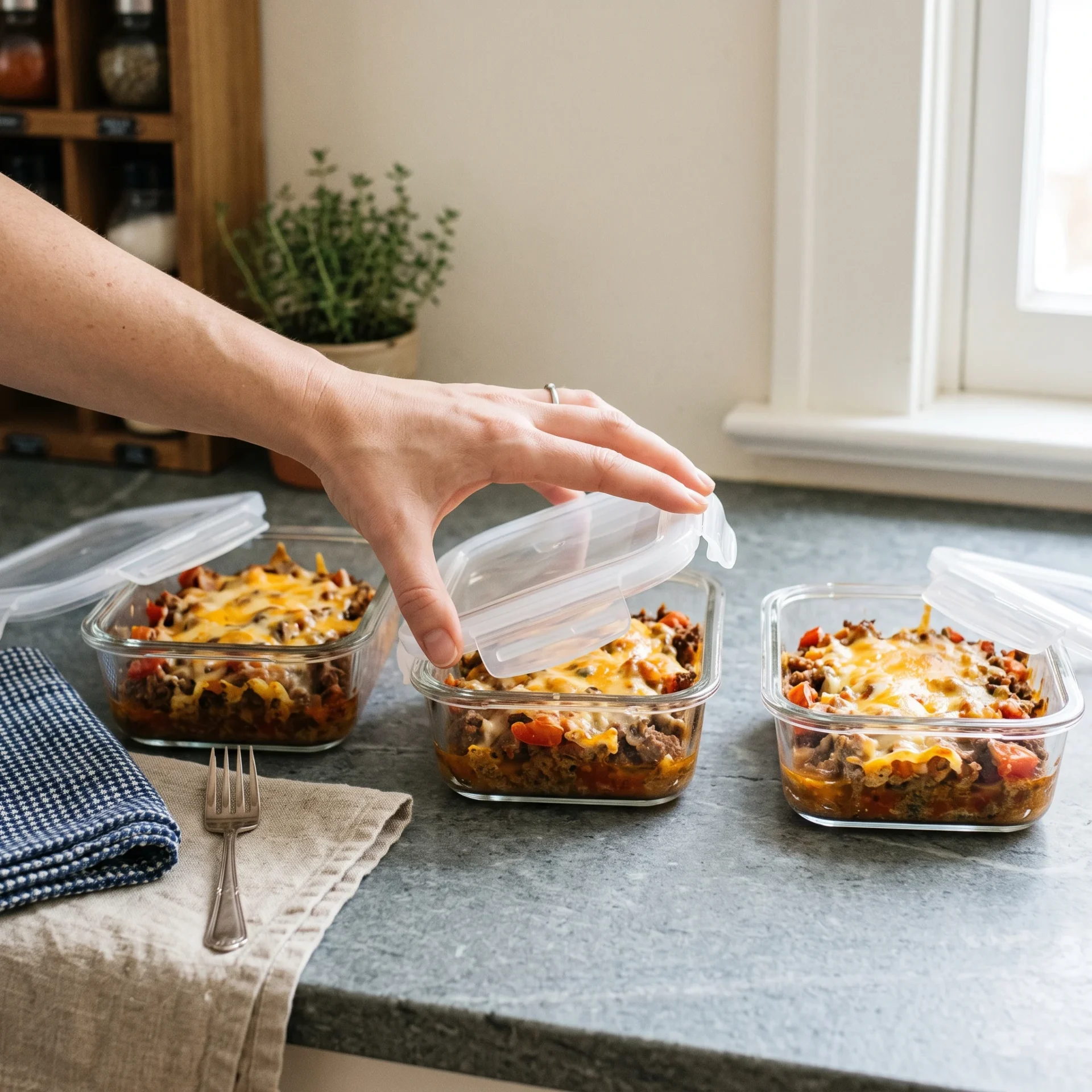 Keto ground beef casserole portioned into glass meal-prep containers on a stone counter
