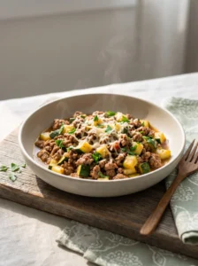 Keto ground beef zucchini skillet plated in a bowl with Parmesan and parsley