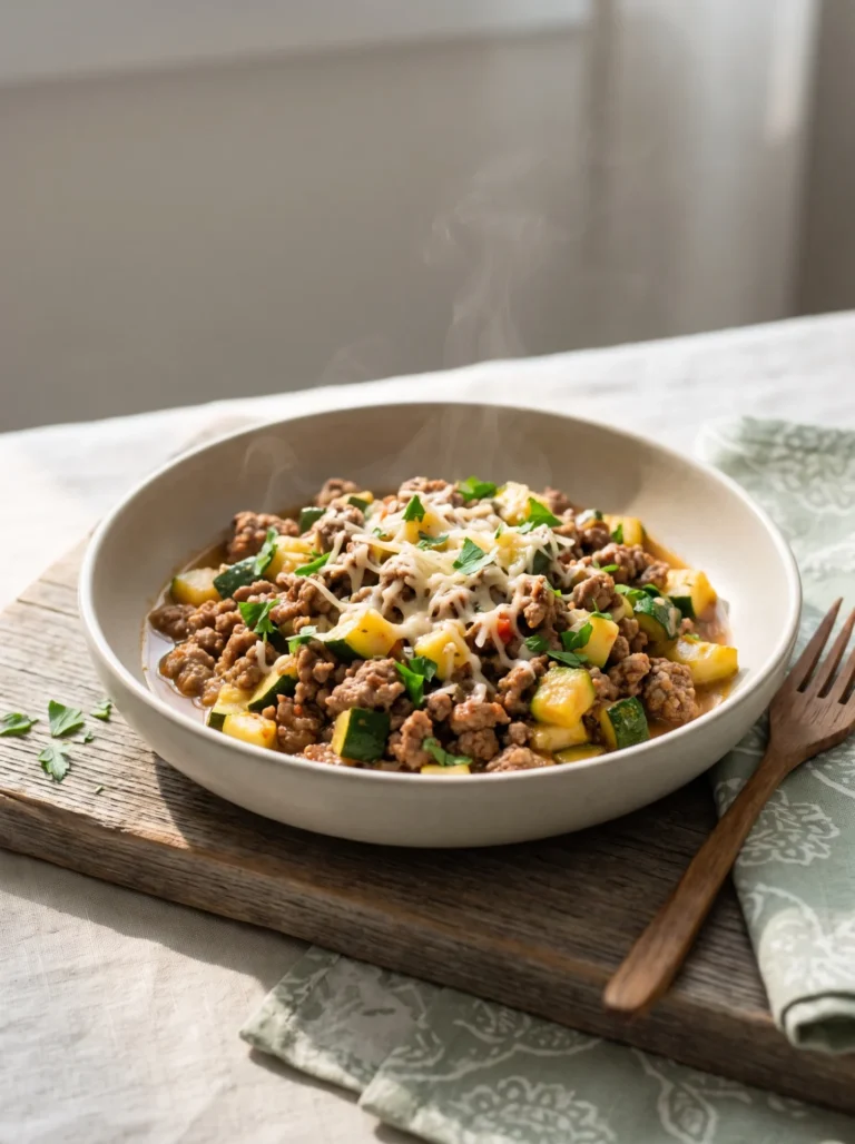 Keto ground beef zucchini skillet plated in a bowl with Parmesan and parsley