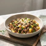 Keto ground beef zucchini skillet plated in a bowl with Parmesan and parsley
