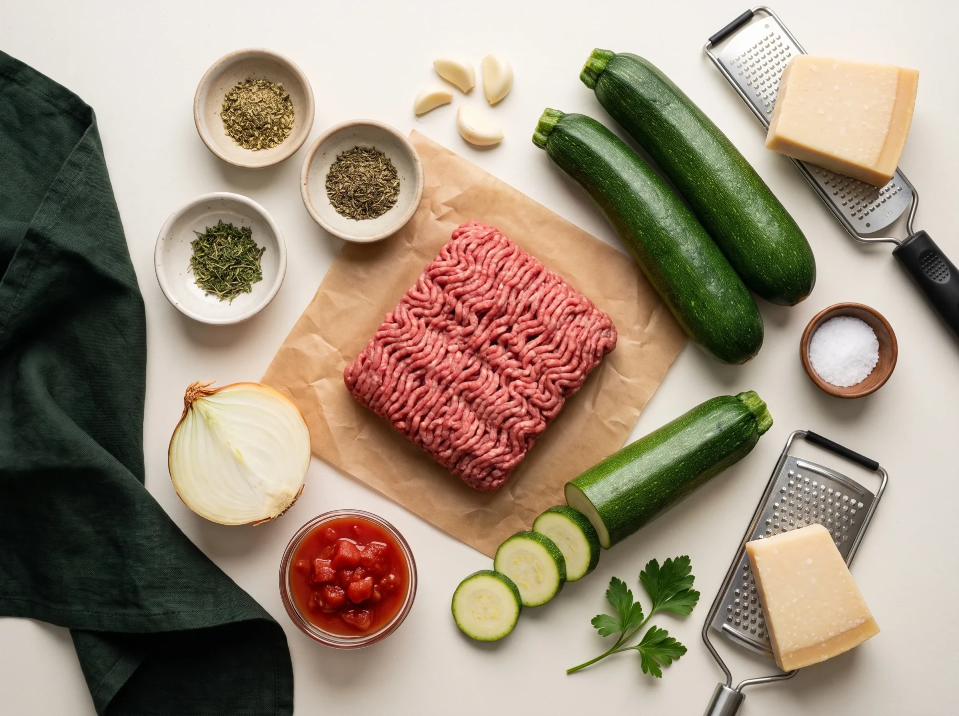 Raw ingredients for keto ground beef zucchini skillet laid out on a counter