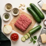 Raw ingredients for keto ground beef zucchini skillet laid out on a counter