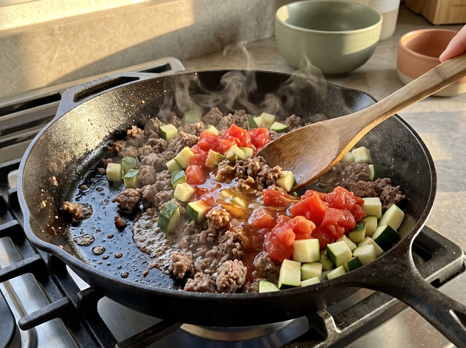 Ground beef and diced zucchini being stirred together in a skillet