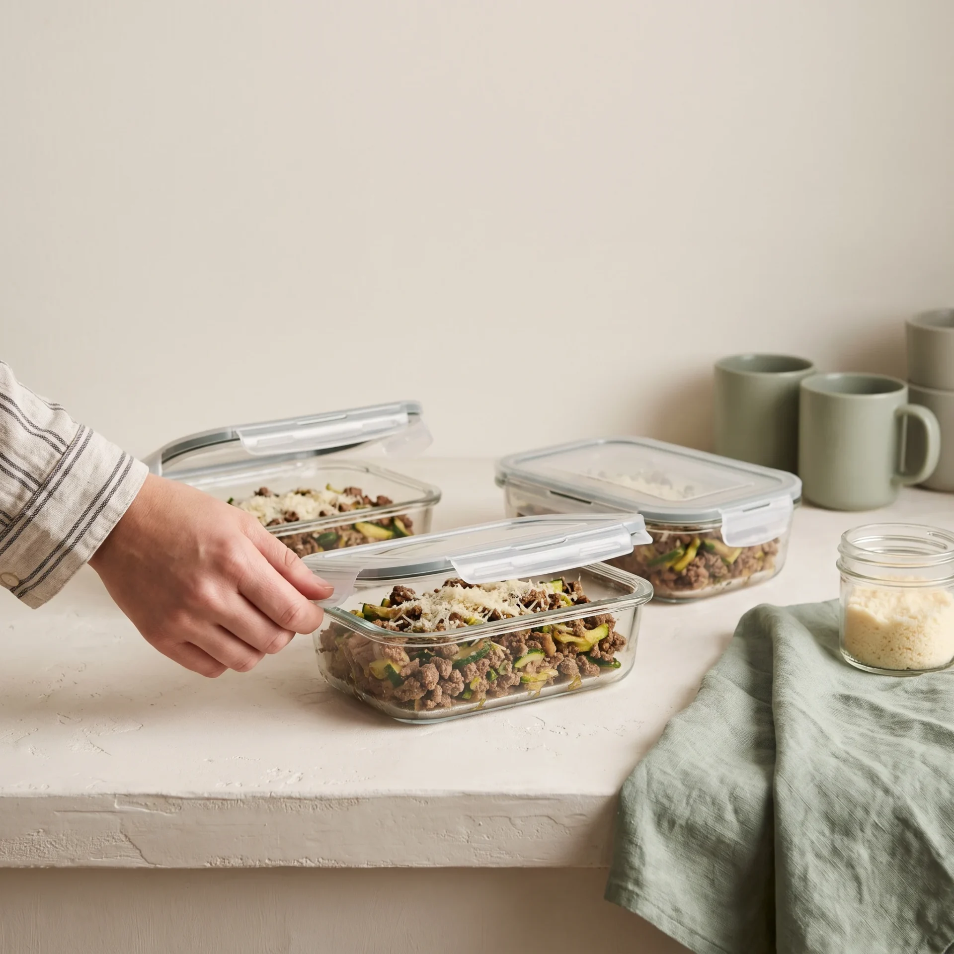 Keto ground beef zucchini skillet portioned into glass meal-prep containers