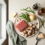 Raw ingredients for a keto ground beef mushroom skillet laid out on a ceramic counter