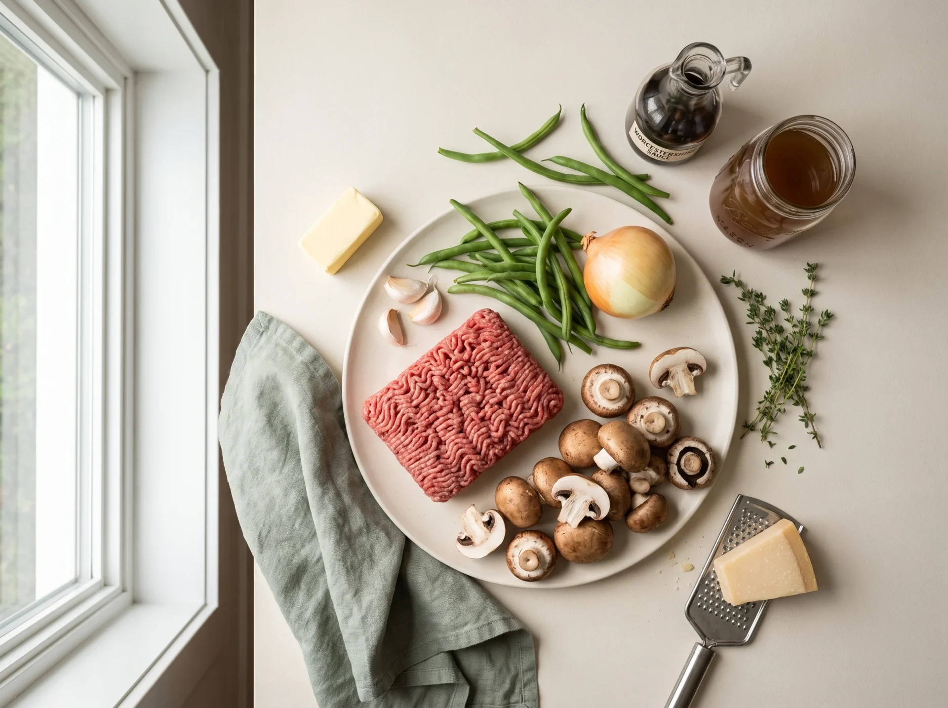 Raw ingredients for a keto ground beef mushroom skillet laid out on a ceramic counter