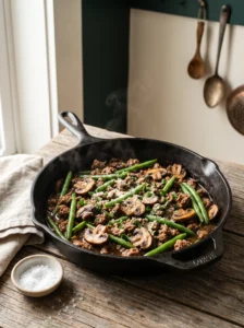Keto ground beef mushroom skillet in a cast iron pan with green beans and Parmesan
