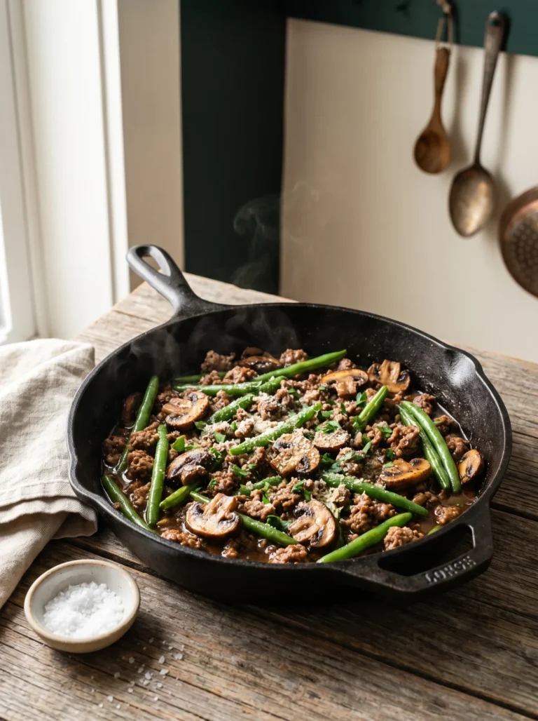 Keto ground beef mushroom skillet in a cast iron pan with green beans and Parmesan