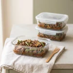 Keto ground beef mushroom skillet portioned into glass meal-prep containers