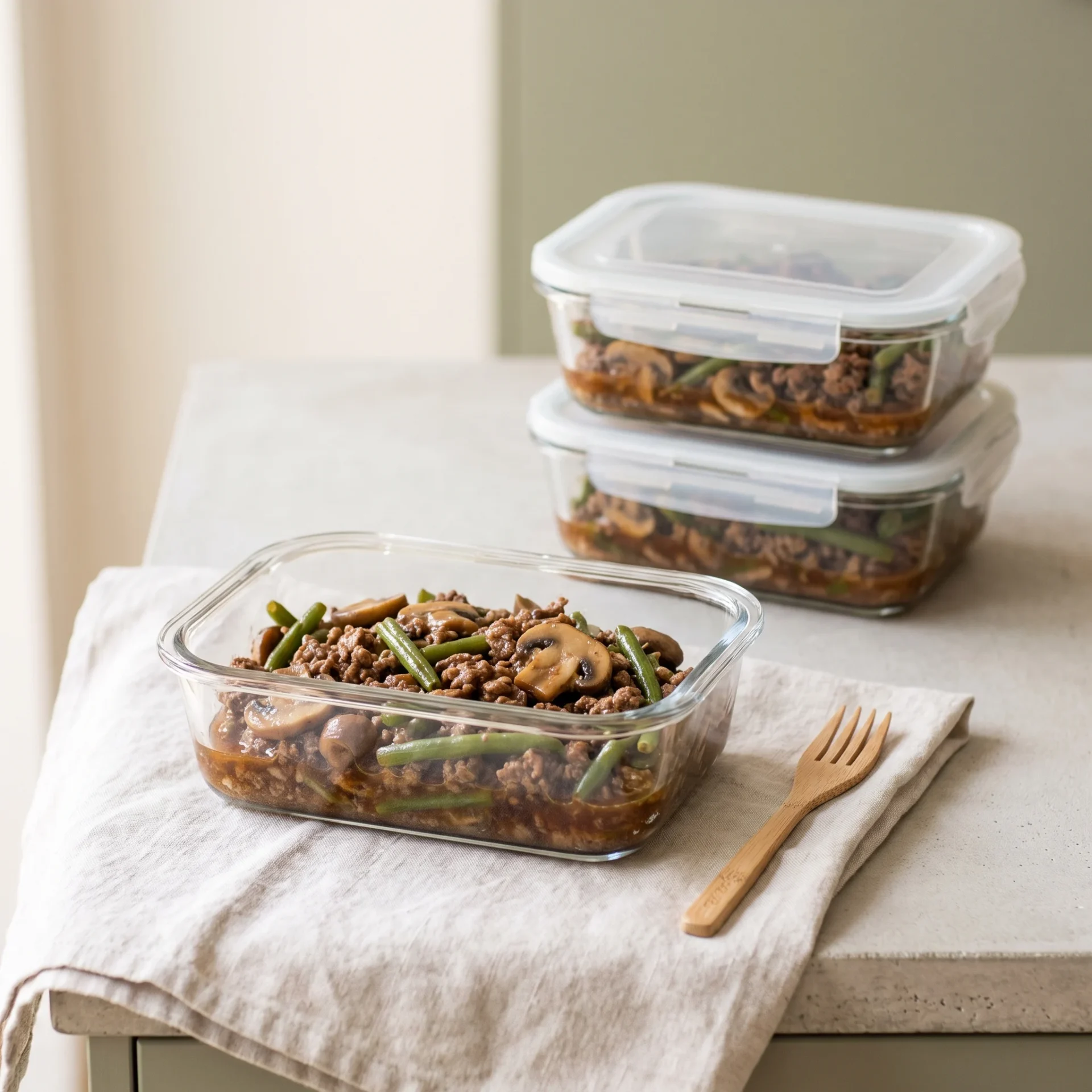 Keto ground beef mushroom skillet portioned into glass meal-prep containers