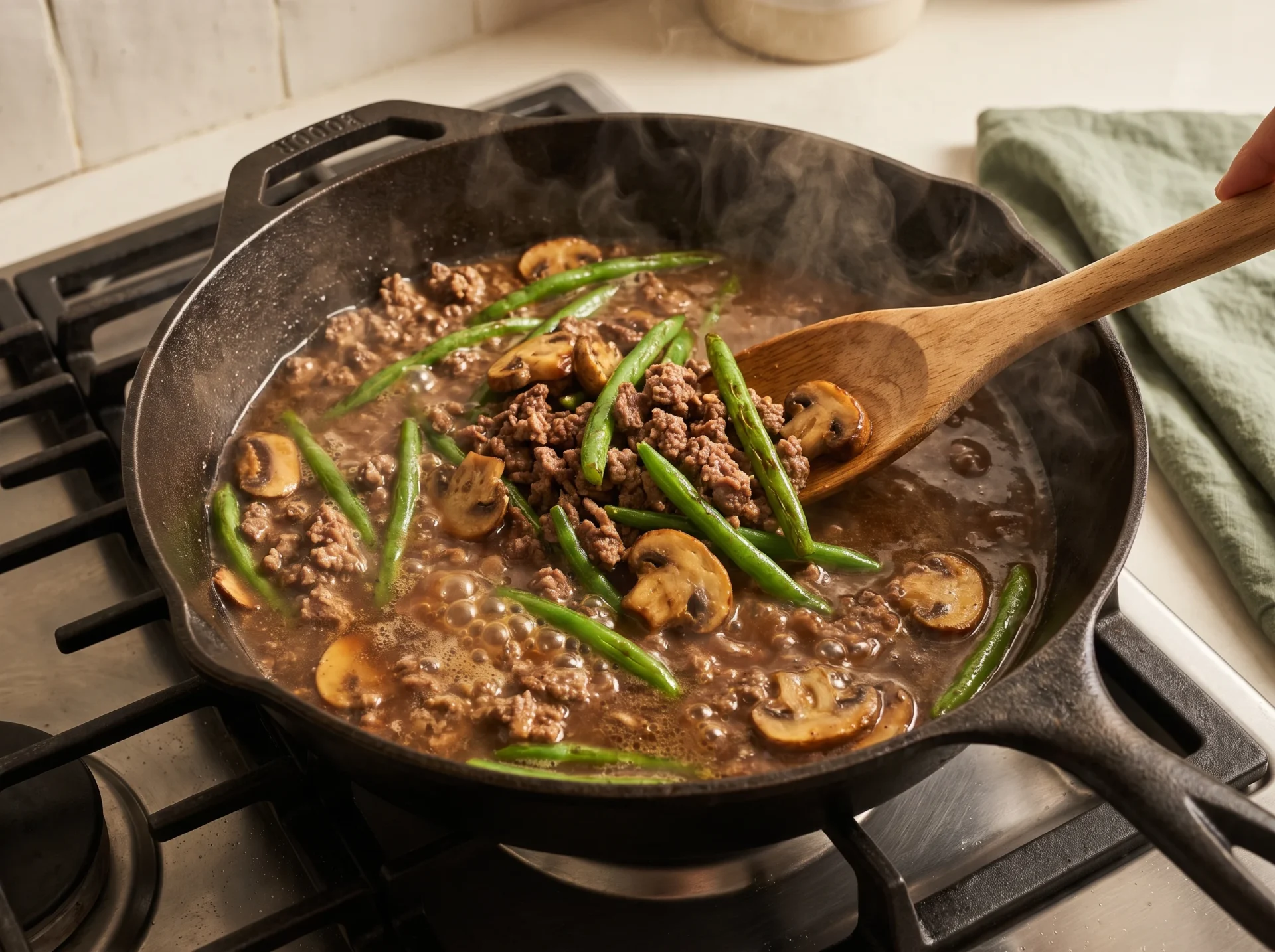 Ground beef and mushrooms simmering in Worcestershire pan sauce, mid-reduction in a skillet