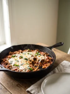 Close-up of a keto italian ground beef skillet in a cast iron pan with melted mozzarella and basil