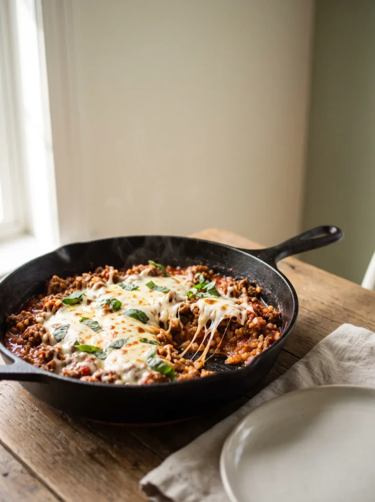 Close-up of a keto italian ground beef skillet in a cast iron pan with melted mozzarella and basil
