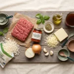 Raw ingredients for a keto italian ground beef skillet laid out on a wood board before cooking