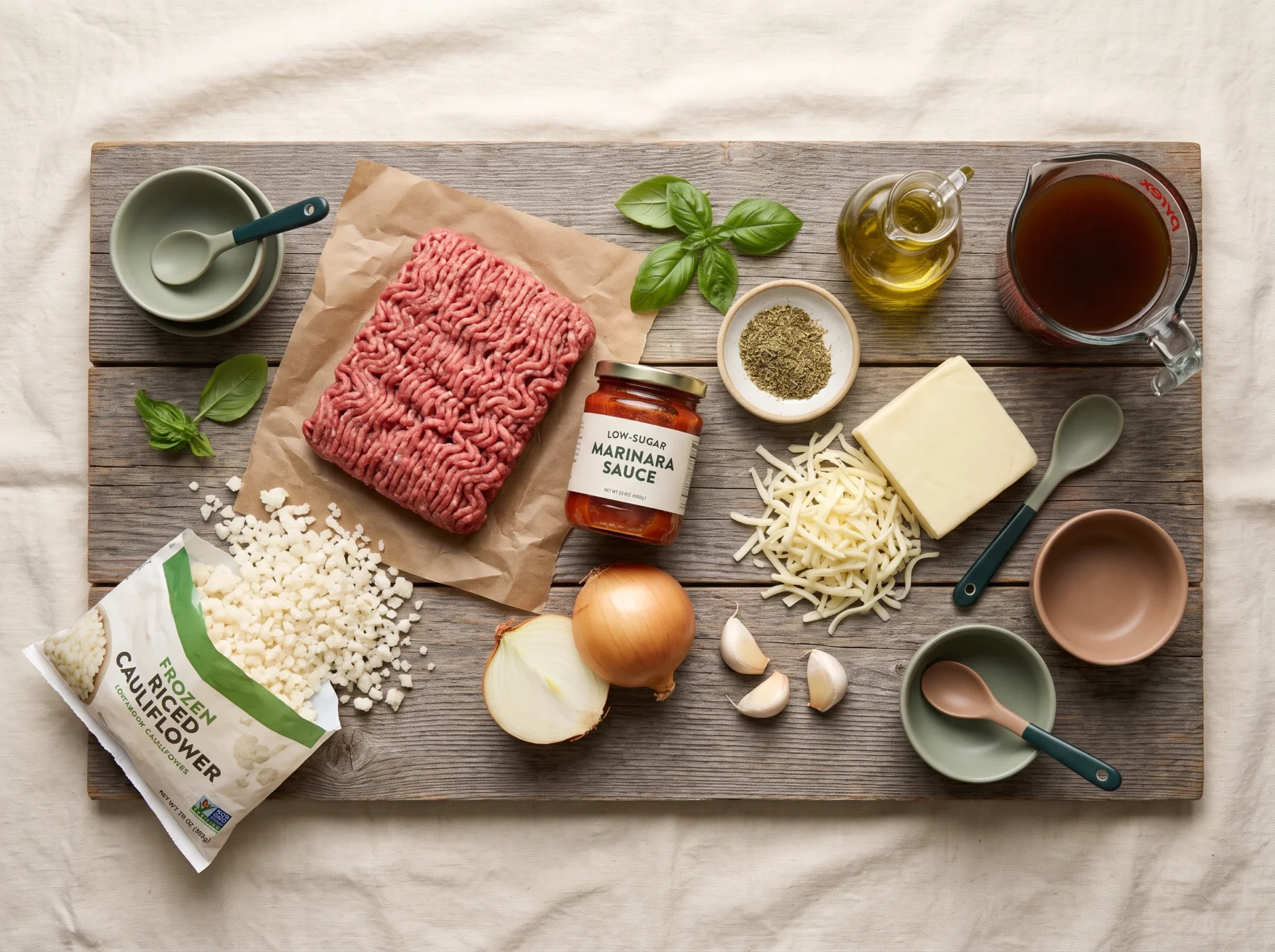 Raw ingredients for a keto italian ground beef skillet laid out on a wood board before cooking