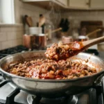 A wooden spoon lifting simmering sauce from a keto italian ground beef skillet mid-cook on the stove