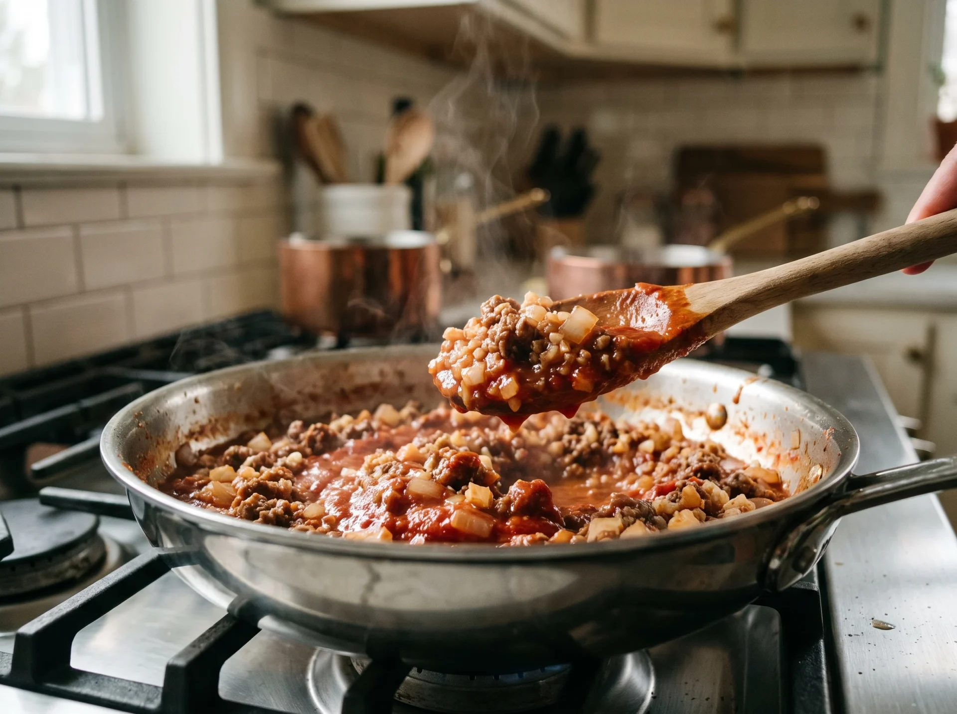 A wooden spoon lifting simmering sauce from a keto italian ground beef skillet mid-cook on the stove