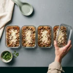 Keto italian ground beef skillet portioned into glass meal-prep containers with melted mozzarella