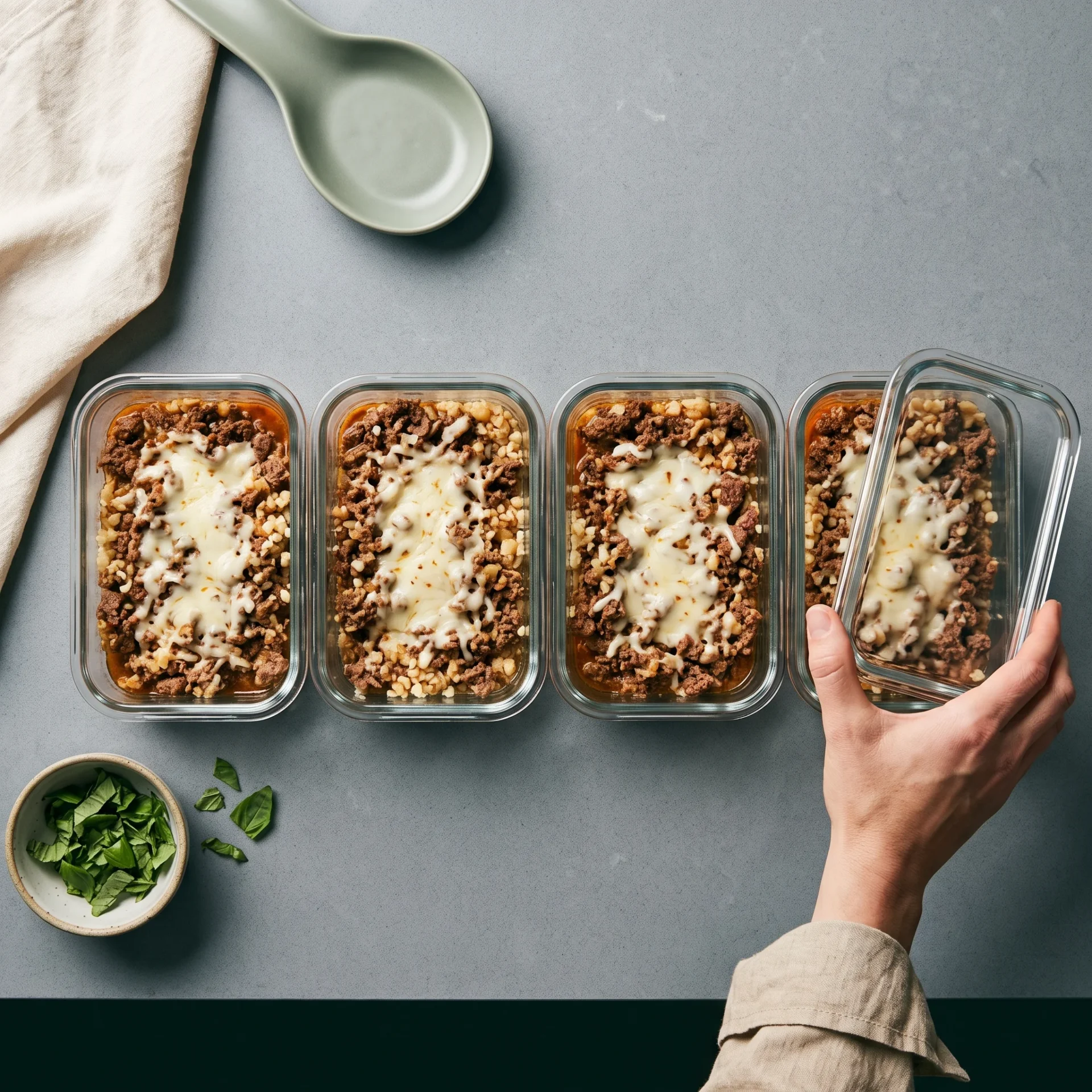 Keto italian ground beef skillet portioned into glass meal-prep containers with melted mozzarella
