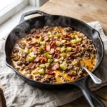 Keto cheeseburger skillet with beef, bacon, cheddar, mustard, and dill pickles
