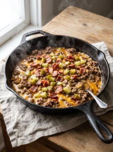 Keto cheeseburger skillet with beef, bacon, cheddar, mustard, and dill pickles