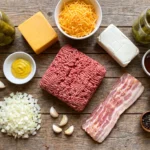 Raw ingredients for keto cheeseburger skillet including ground beef, cheddar, cream cheese, bacon, and dill pickles