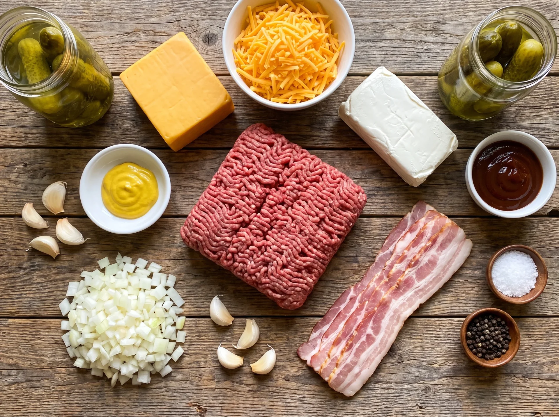 Raw ingredients for keto cheeseburger skillet including ground beef, cheddar, cream cheese, bacon, and dill pickles