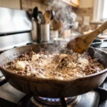 Cream cheese melting into browned ground beef in a skillet, mid-cooking