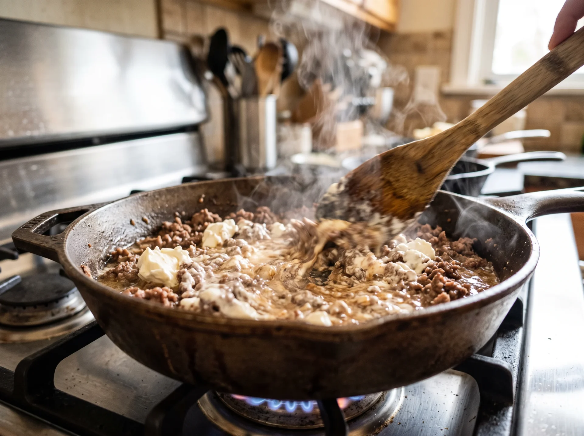 Cream cheese melting into browned ground beef in a skillet, mid-cooking