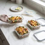 Keto cheeseburger skillet portioned into glass meal-prep containers