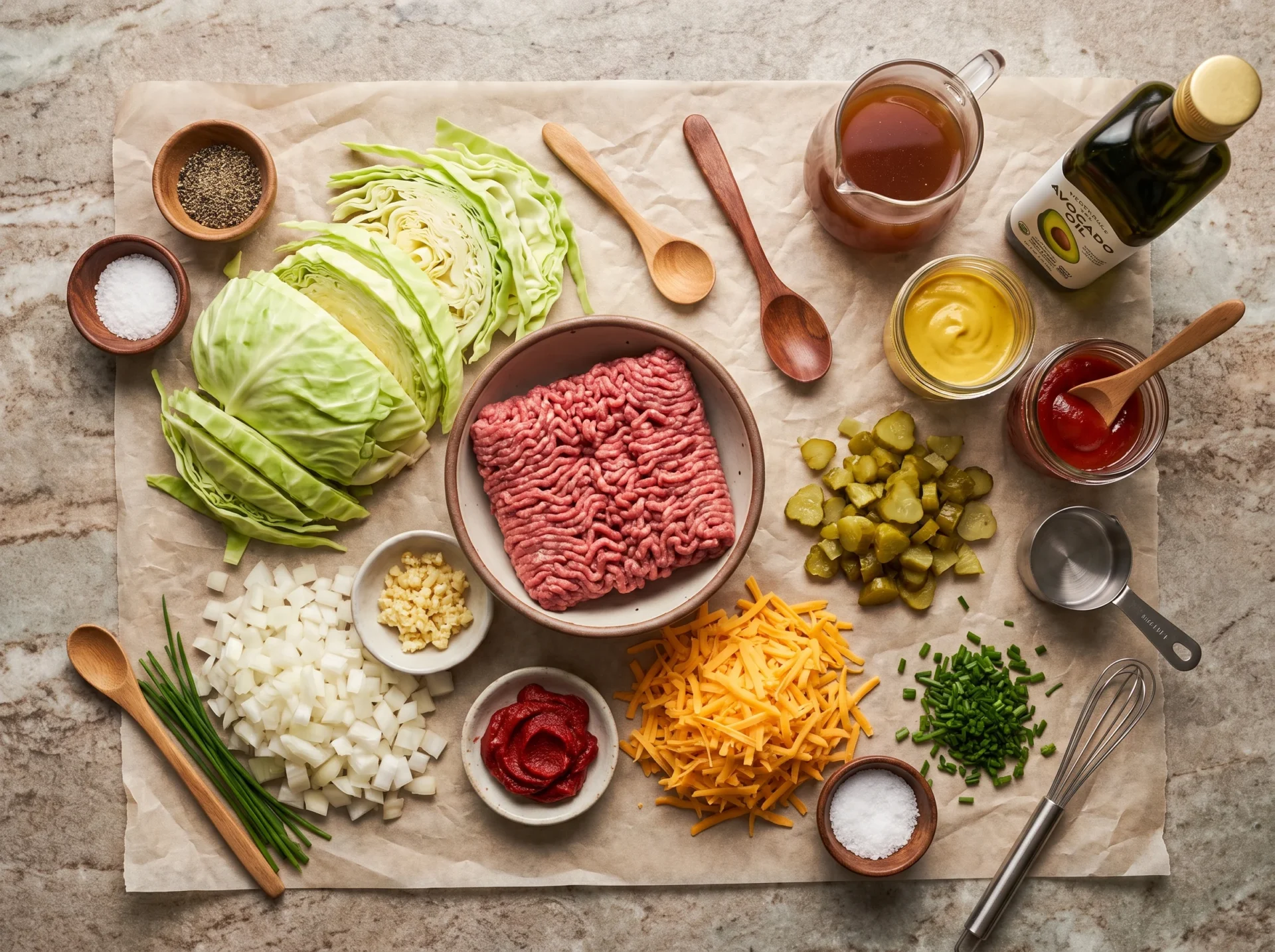 mid-cook keto cheeseburger cabbage skillet with beef and cabbage being stirred in a skillet