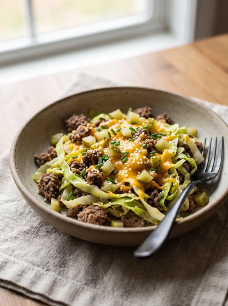Keto cheeseburger cabbage skillet with beef, cabbage, cheddar, and pickles