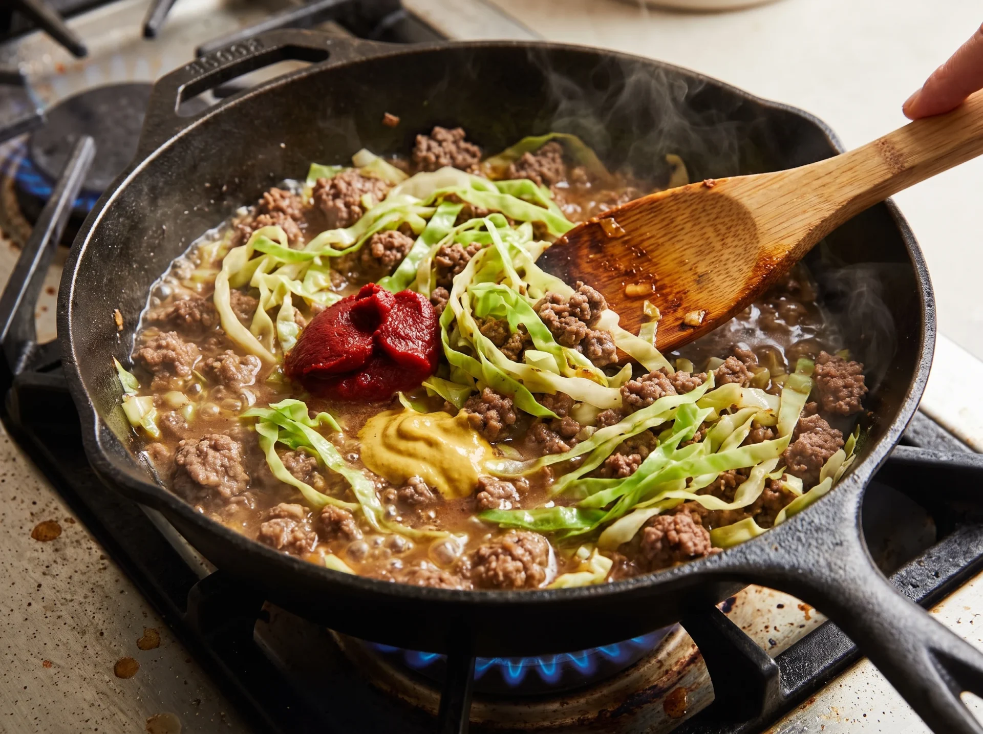 raw ingredients for keto cheeseburger cabbage skillet arranged before cooking