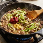 keto cheeseburger cabbage skillet with browned beef, cheddar, pickles, and chives