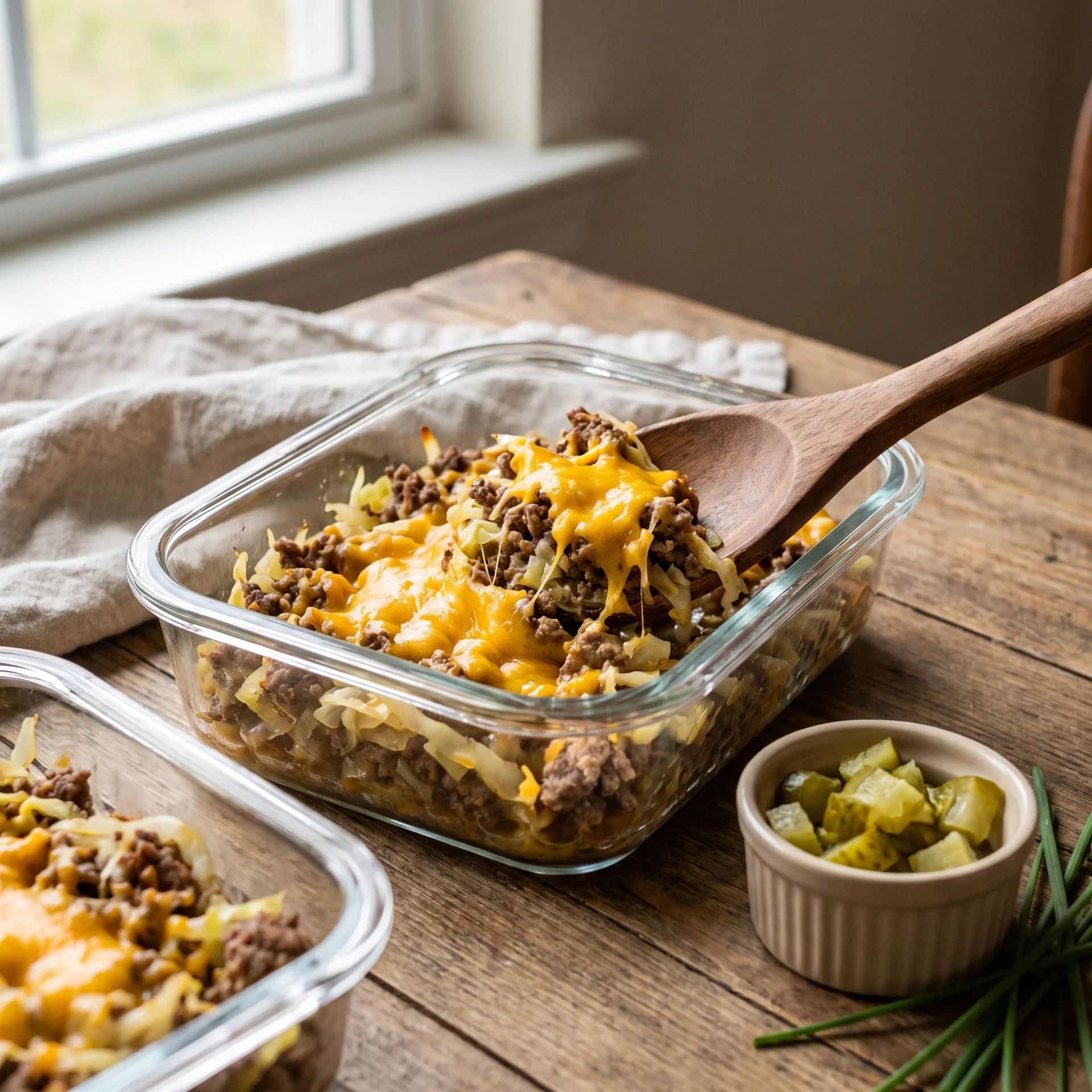 keto cheeseburger cabbage skillet packed into meal prep containers with pickles and chives on the side