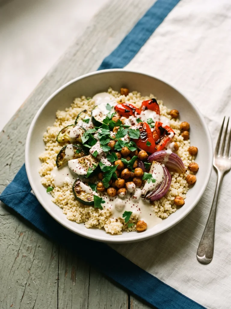 Mediterranean couscous bowl with roasted zucchini, pepper, chickpeas, and lemon tahini over fluffy couscous