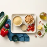 Raw ingredients for a Mediterranean couscous bowl: couscous, chickpeas, zucchini, pepper, onion, tomatoes, tahini, lemon