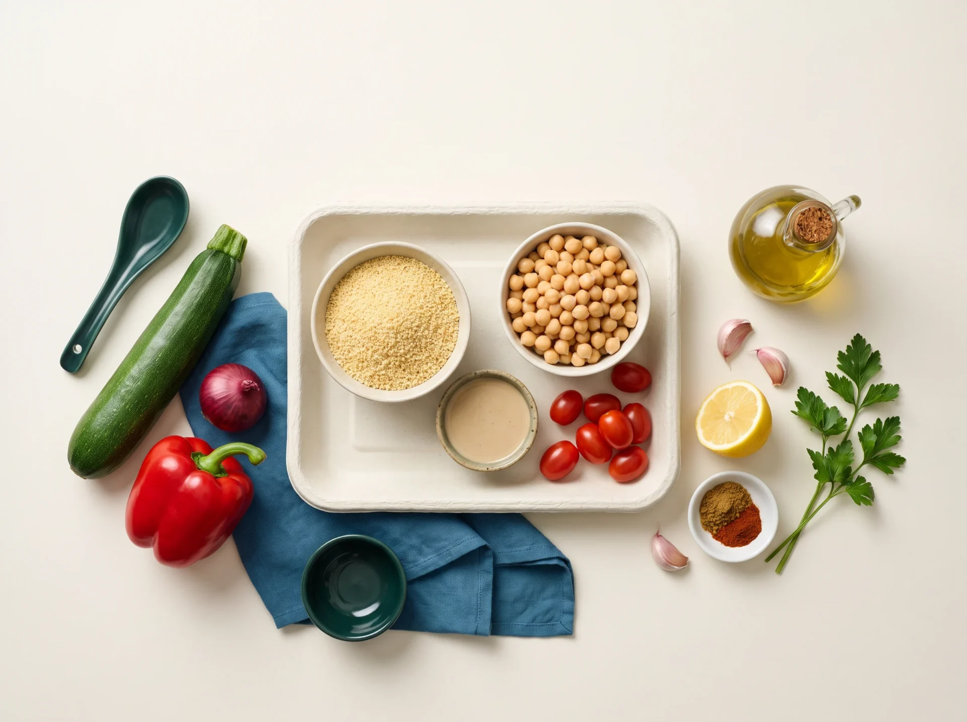 Raw ingredients for a Mediterranean couscous bowl: couscous, chickpeas, zucchini, pepper, onion, tomatoes, tahini, lemon