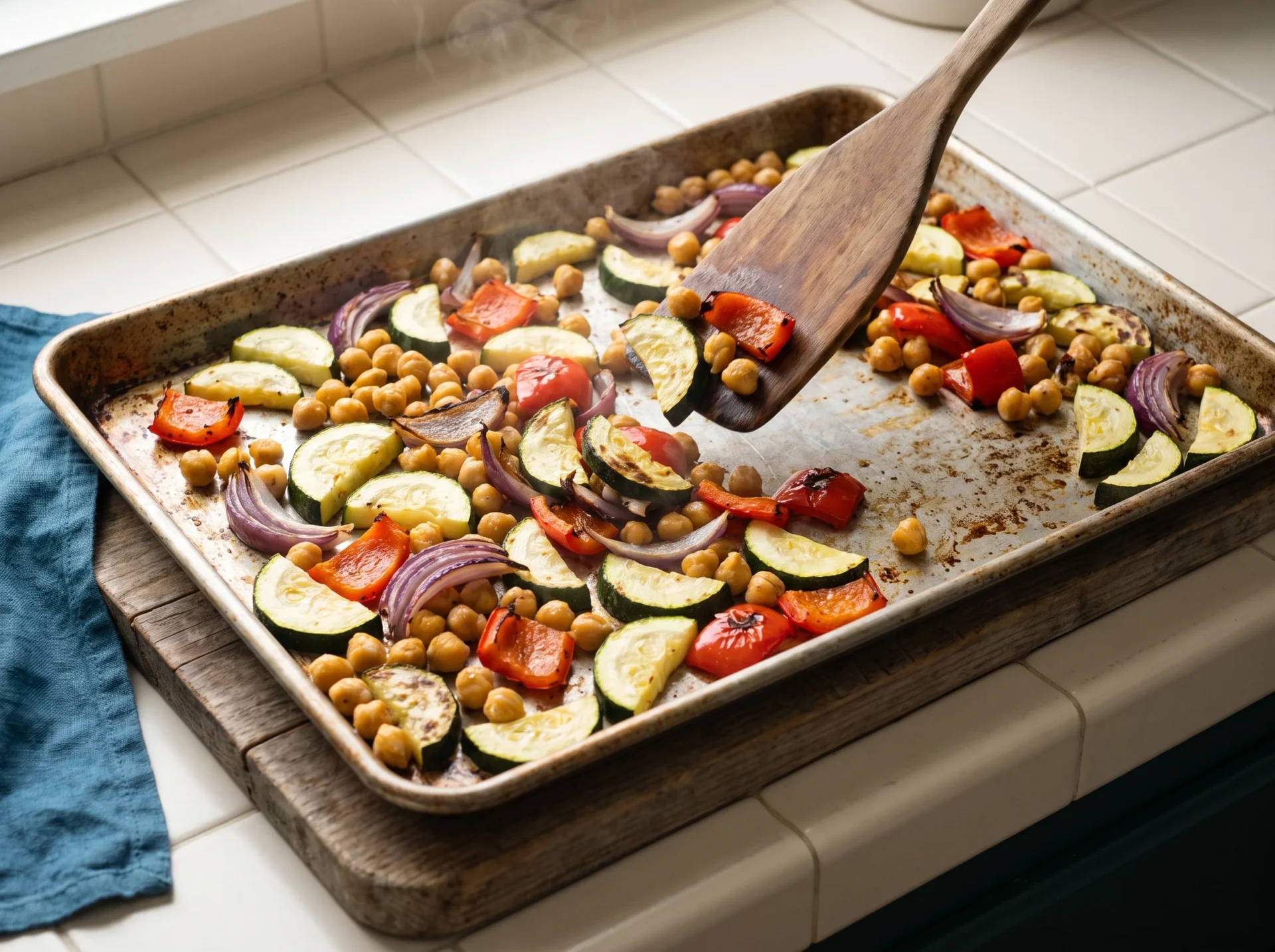 Roasted zucchini, pepper, onion, and chickpeas mid-toss on a sheet pan for a Mediterranean couscous bowl