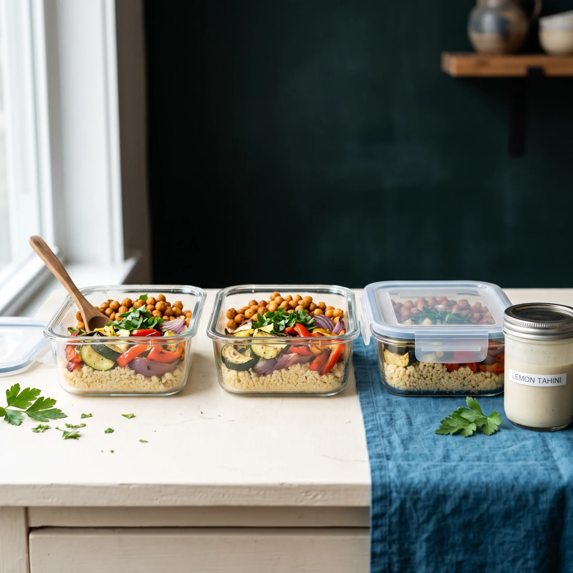 Meal-prep containers of Mediterranean couscous bowl with a jar of lemon tahini dressing