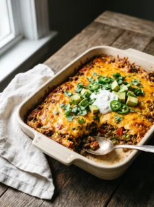 Keto taco casserole ground beef bake in a dish with melted cheddar, avocado, cilantro, jalapeno, and sour cream