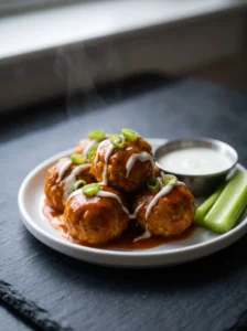 Keto buffalo chicken meatballs coated in buffalo butter sauce on a white plate with ranch and celery