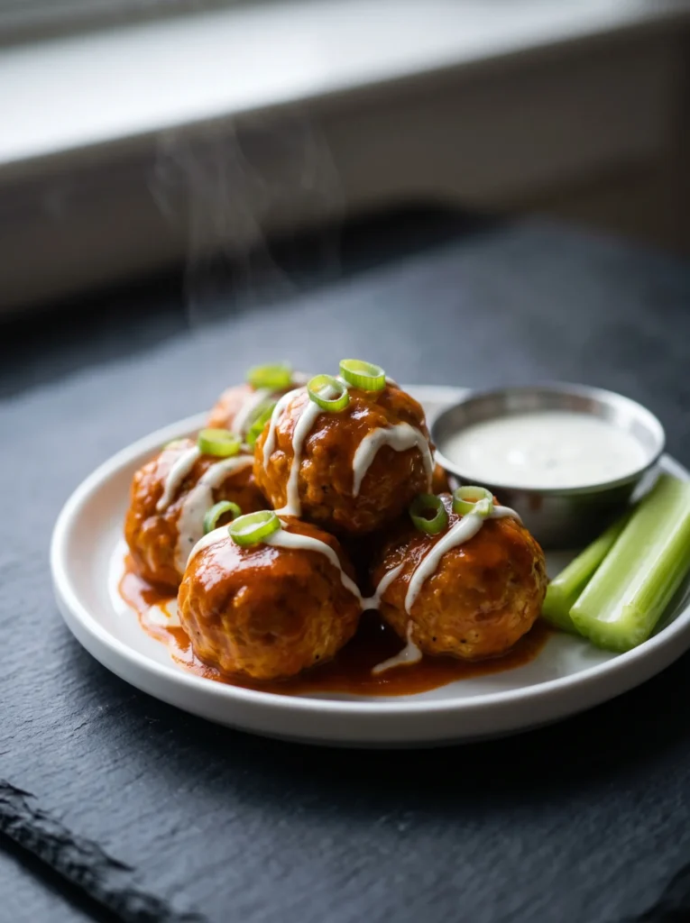 Keto buffalo chicken meatballs coated in buffalo butter sauce on a white plate with ranch and celery