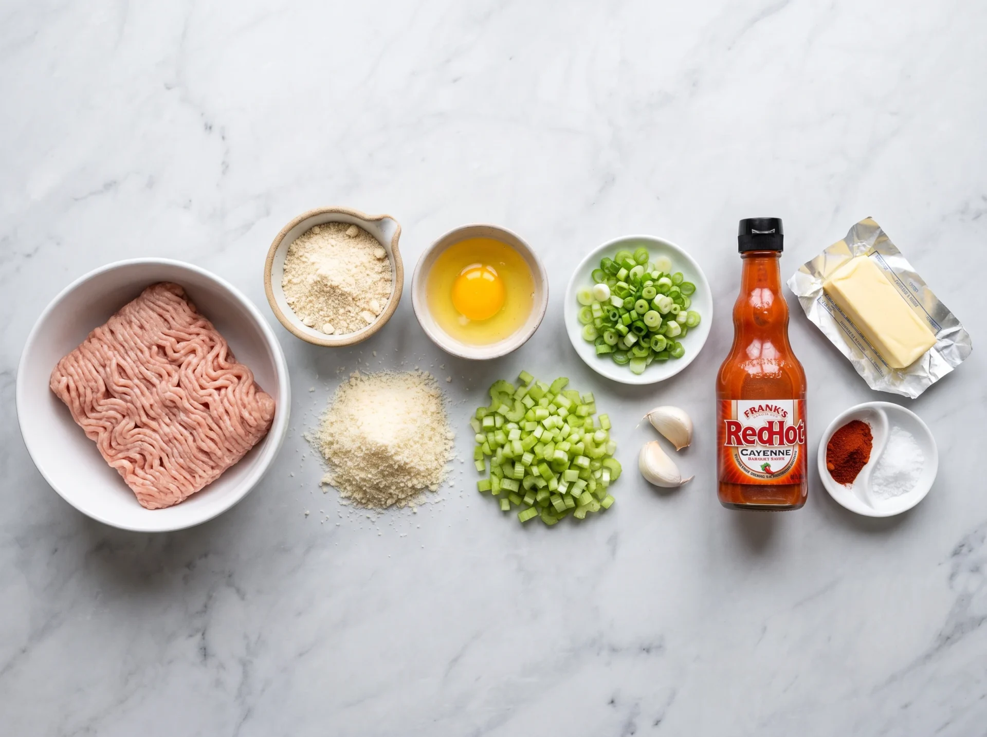 Raw ingredients for buffalo chicken meatballs including ground chicken, almond flour, egg, celery, and hot sauce