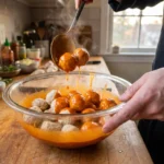 Baked chicken meatballs tossed in glossy orange buffalo sauce in a glass bowl