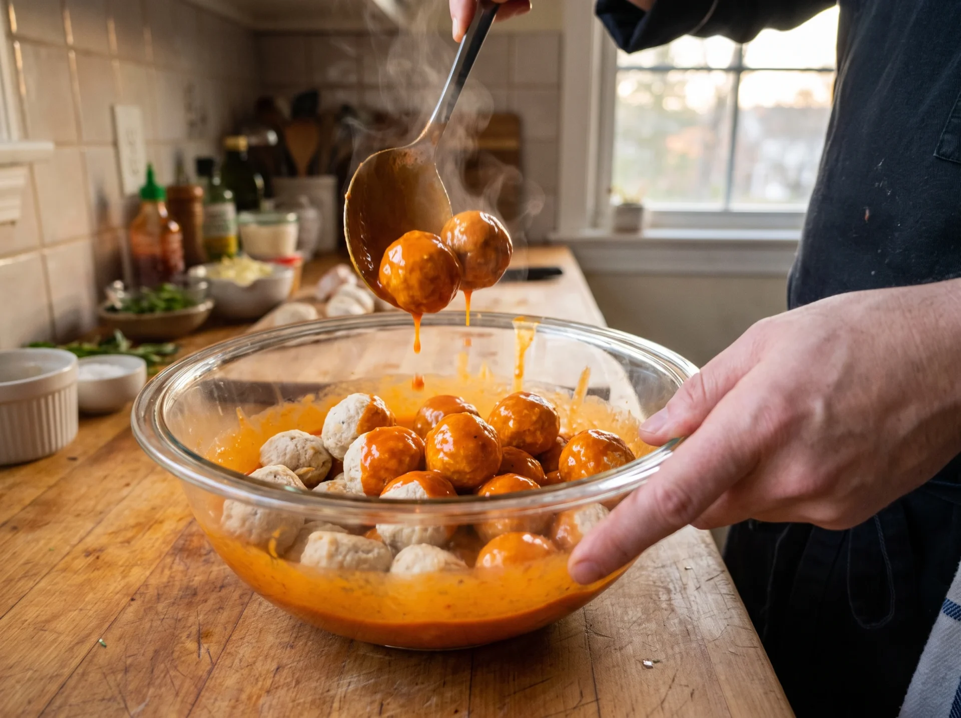 Baked chicken meatballs tossed in glossy orange buffalo sauce in a glass bowl