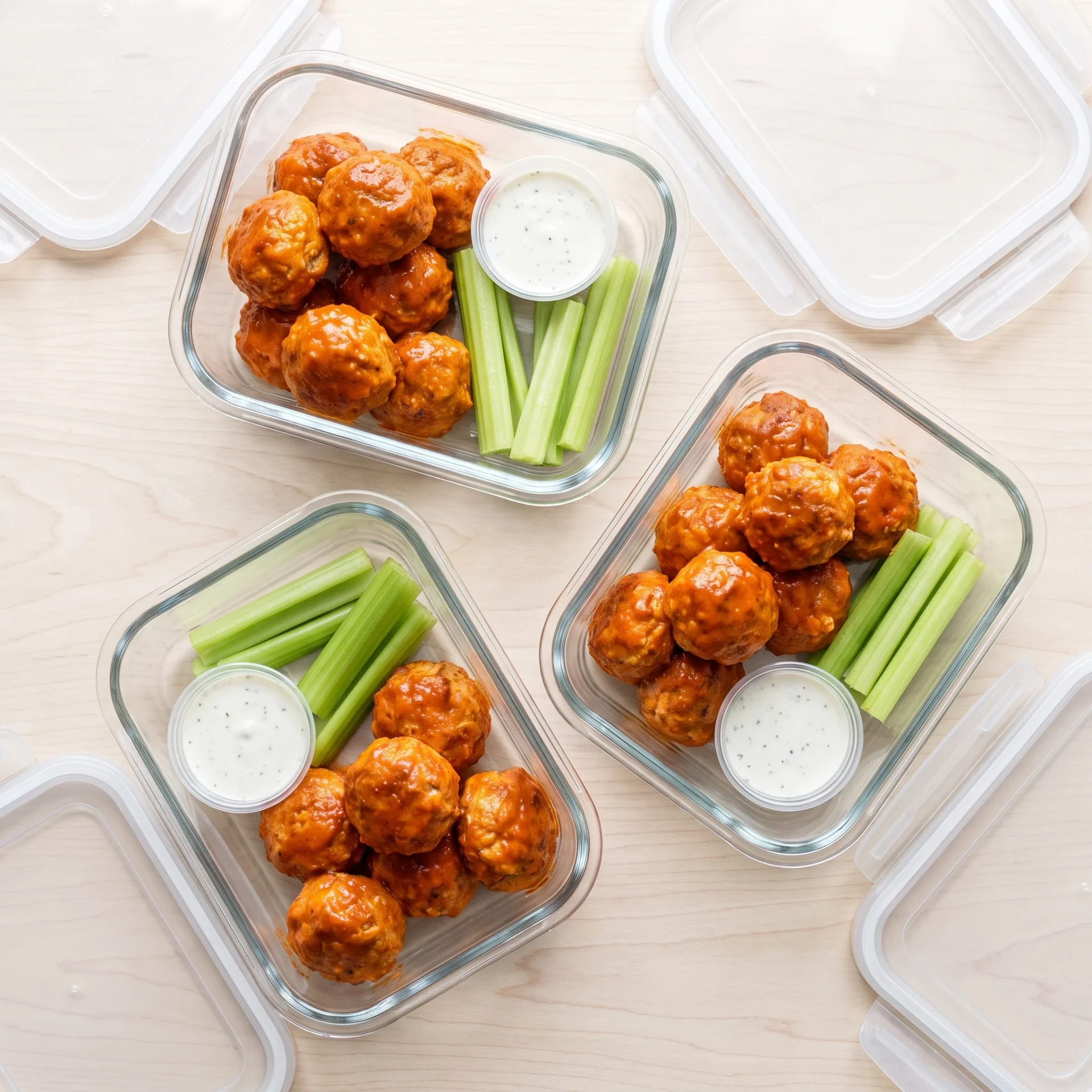 Buffalo chicken meatballs portioned into glass meal-prep containers with celery and ranch
