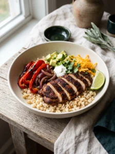 Keto chicken thigh fajita bowl with seared thighs, peppers, cauliflower rice, avocado, and cheese