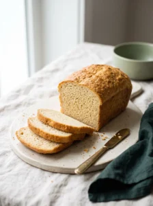 Sliced loaf from this keto sandwich bread recipe on a pale ceramic board, showing a soft fine crumb