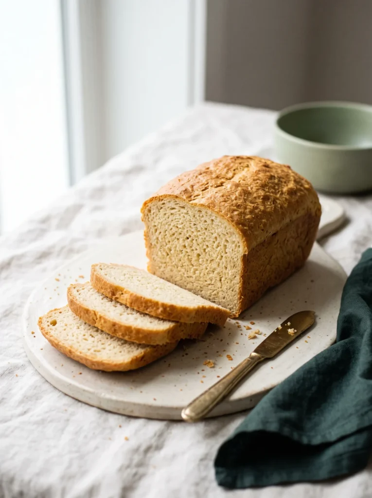 Sliced loaf from this keto sandwich bread recipe on a pale ceramic board, showing a soft fine crumb